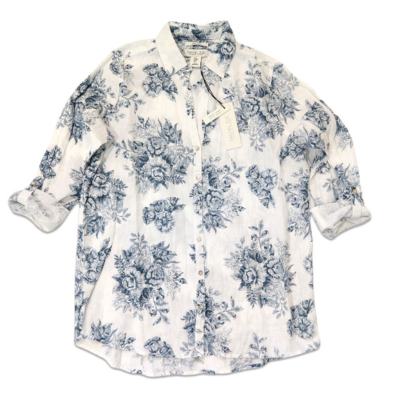 Rachel Zoe 100% Linen Floral Print Button Up Top Size M NWT Roll Tab Sleeves - Picture 1 of 9